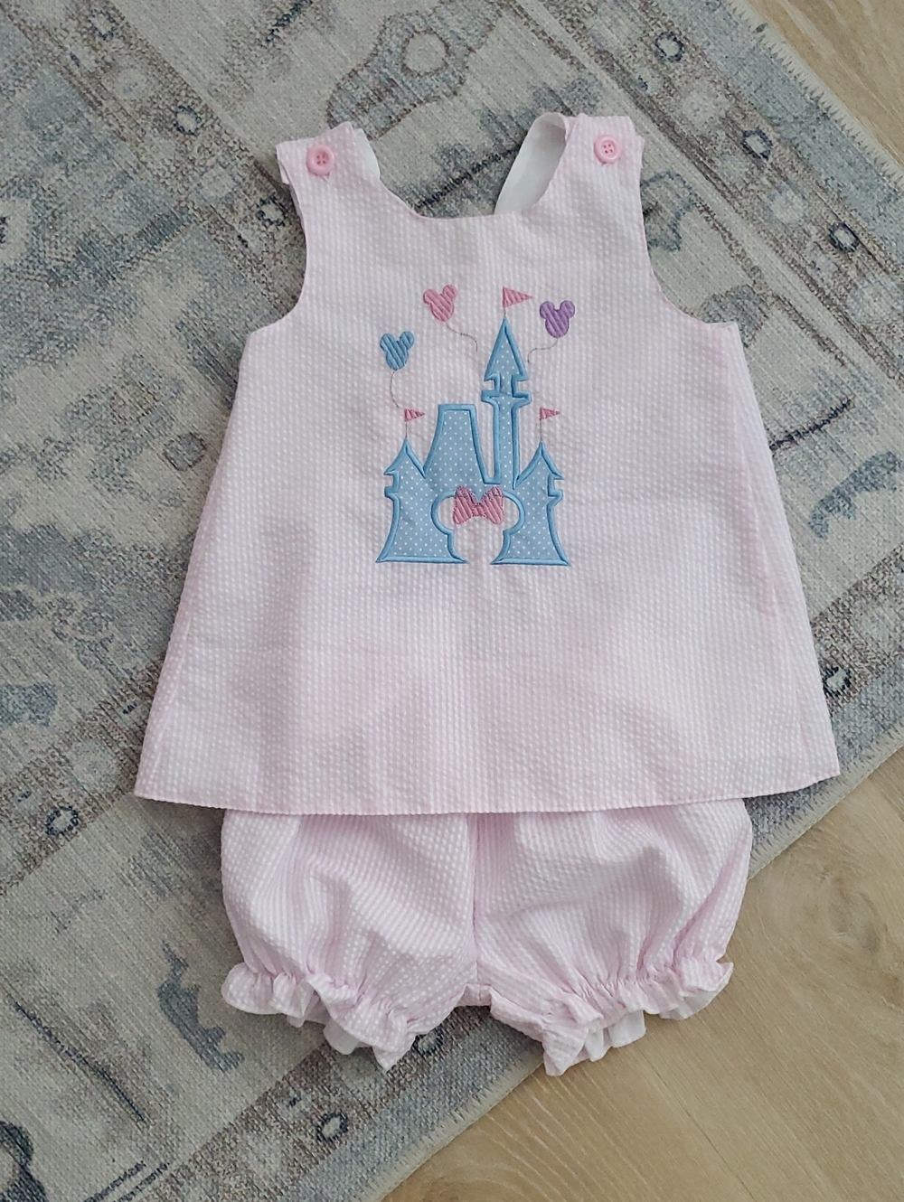 Nora James Girls Pink Seersucker Disney Balloons Castle Minnie Outfit Set Sz4T